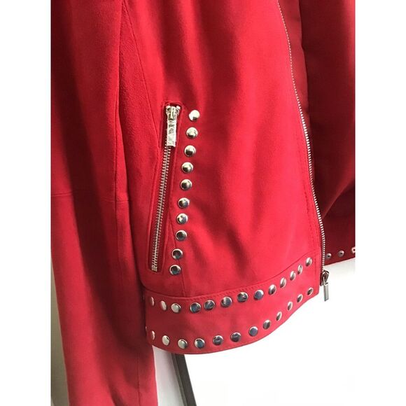NEIMAN MARCUS Red Suede Leather Studded Moto Jacket Size Small P14682 - Picture 4 of 5